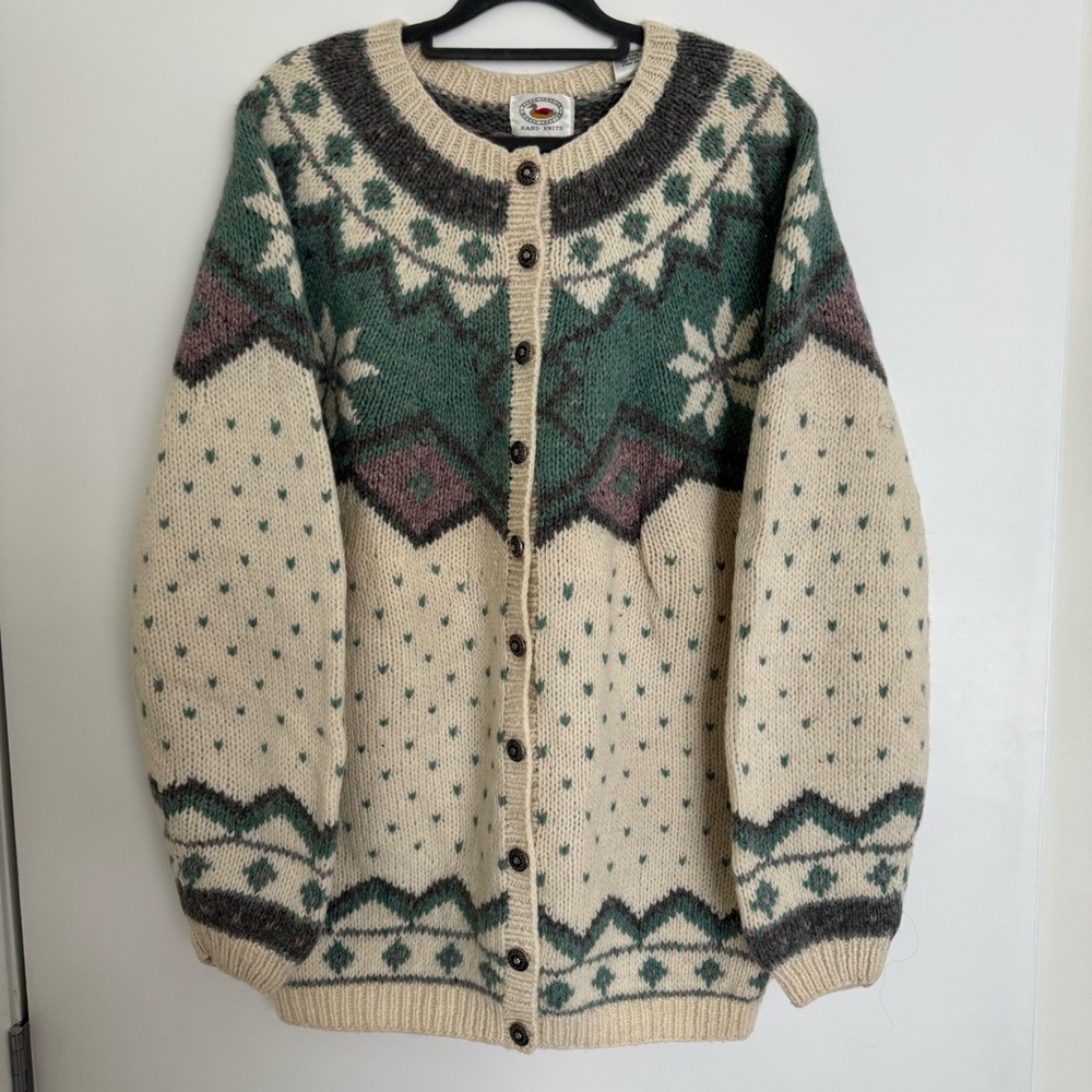 Vintage Marsh Landing Shetland‎ Wool Heavyknit Cardigan Sweater Beige Large